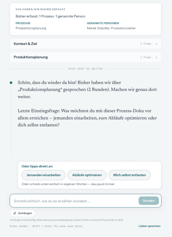 Interview-Chat mit Frage, Antwortvorschlägen und Fortschrittsübersicht